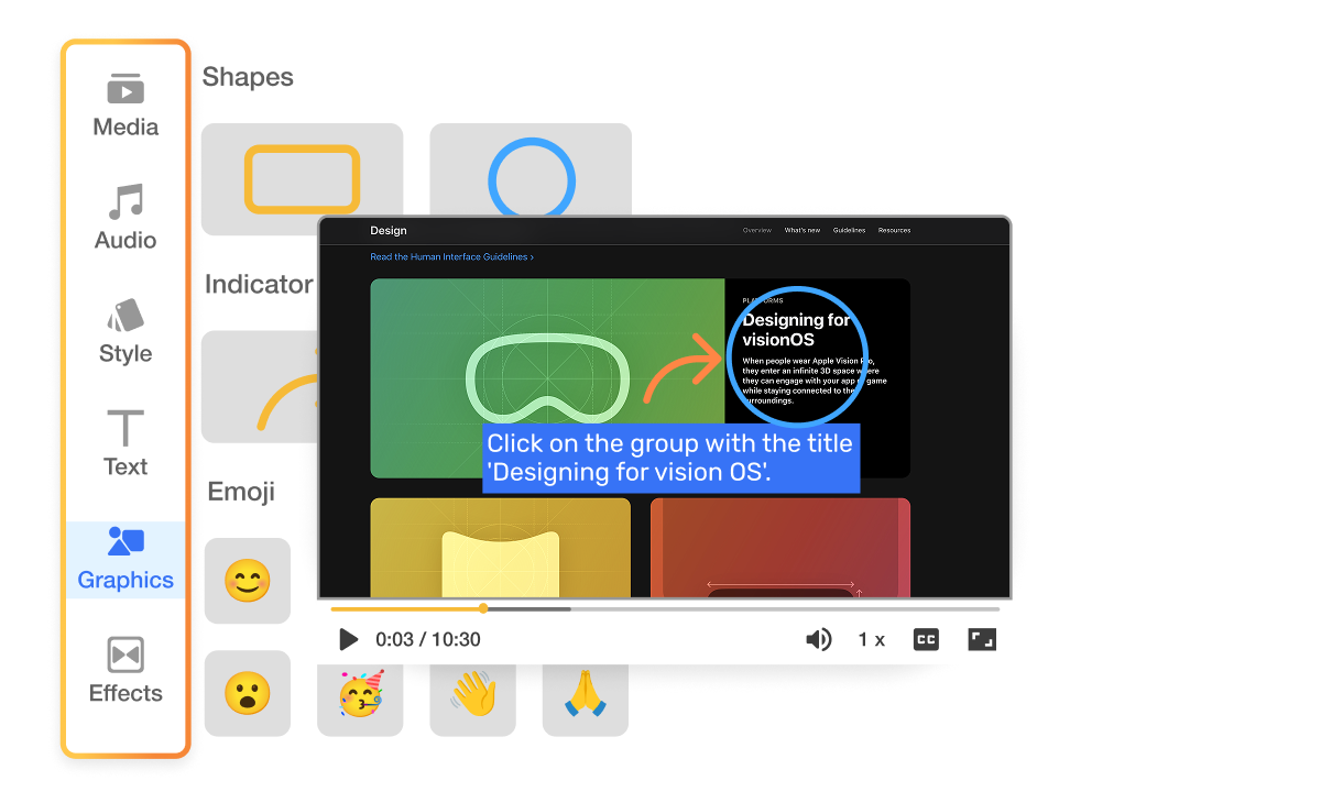 Editing a how‑to guide in Visla’s Scene‑Based Editor with step timeline and graphics panel